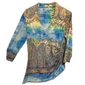Paris IQ Asymmetrical 3/4 Sleeved  Watercolor Print Top M (A-069)